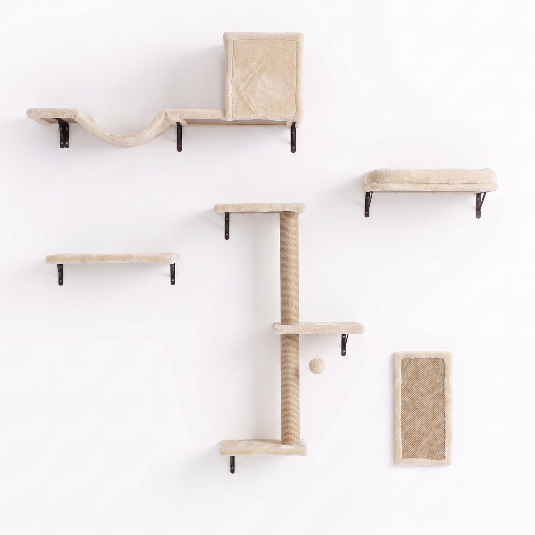 MeWang 5-in-1 Mounted Scratching Post Bridge Perch Jute Modern Cat Wall Shelves, Medium, Beige