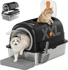 MeWang Dual Entry High Side Anti-Splash Stainless Steel Pan Cat Litter Box with Lid, Scoop & Mat, XX-Large: 23.62 x 15.75 x 15.75-in, Black