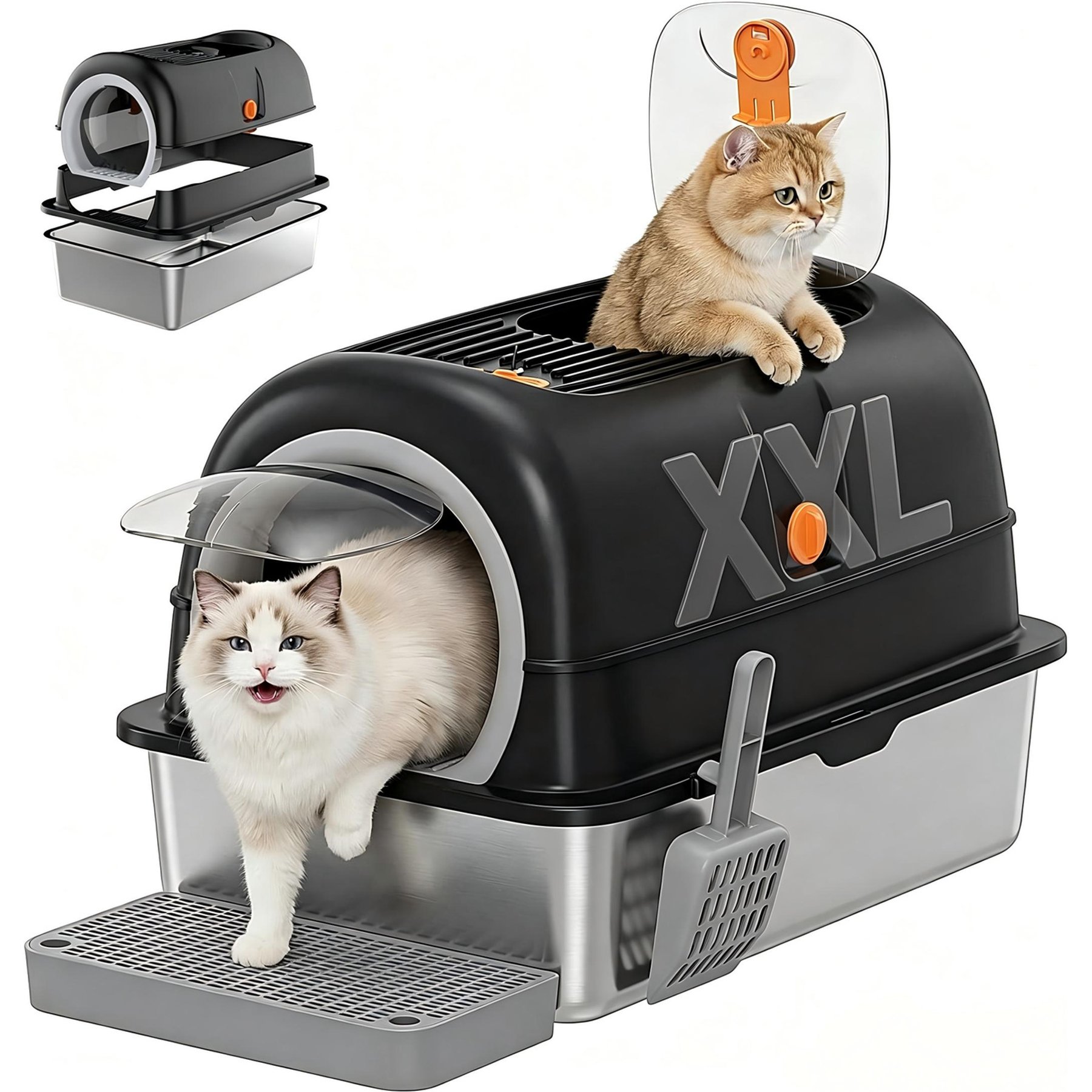 MeWang Dual Entry High Side Anti-Splash Stainless Steel Pan Cat Litter Box with Lid, Scoop & Mat, XX-Large: 23.62 x 15.75 x 15.75-in, Black