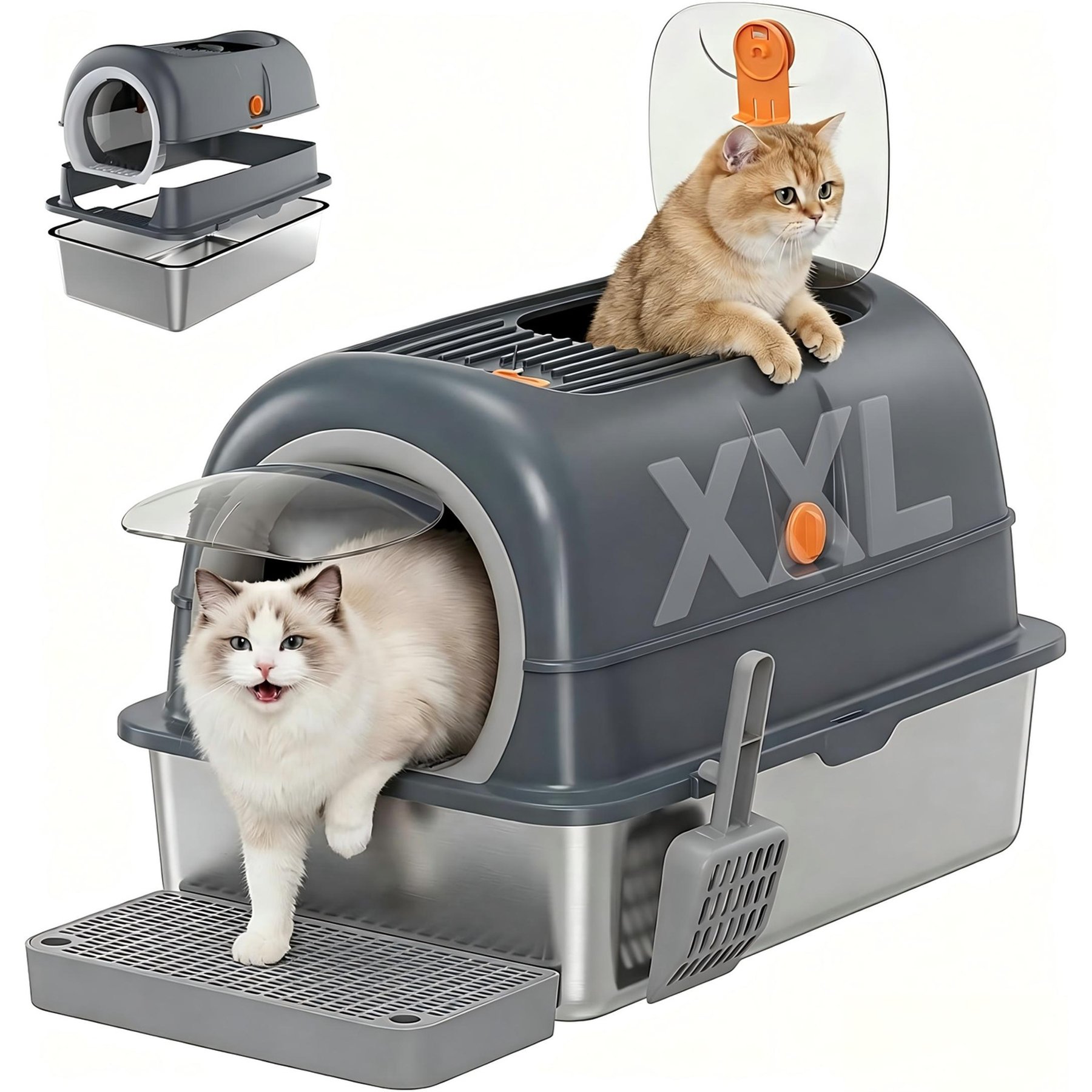 MeWang Dual Entry High Side Anti-Splash Stainless Steel Pan Cat Litter Box with Lid, Scoop & Mat, XX-Large: 23.62 x 15.75 x 15.75-in, Grey