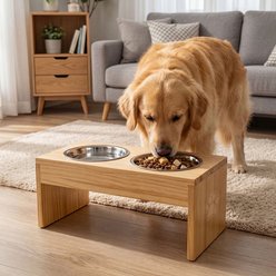 MeWang Natural Wood Double Elevated Stainless Steel Dog Bowl, 8 cups, Large