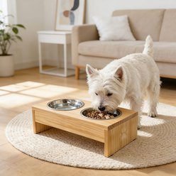 MeWang Natural Wood Double Elevated Stainless Steel Dog Bowl, 8 cups, Small