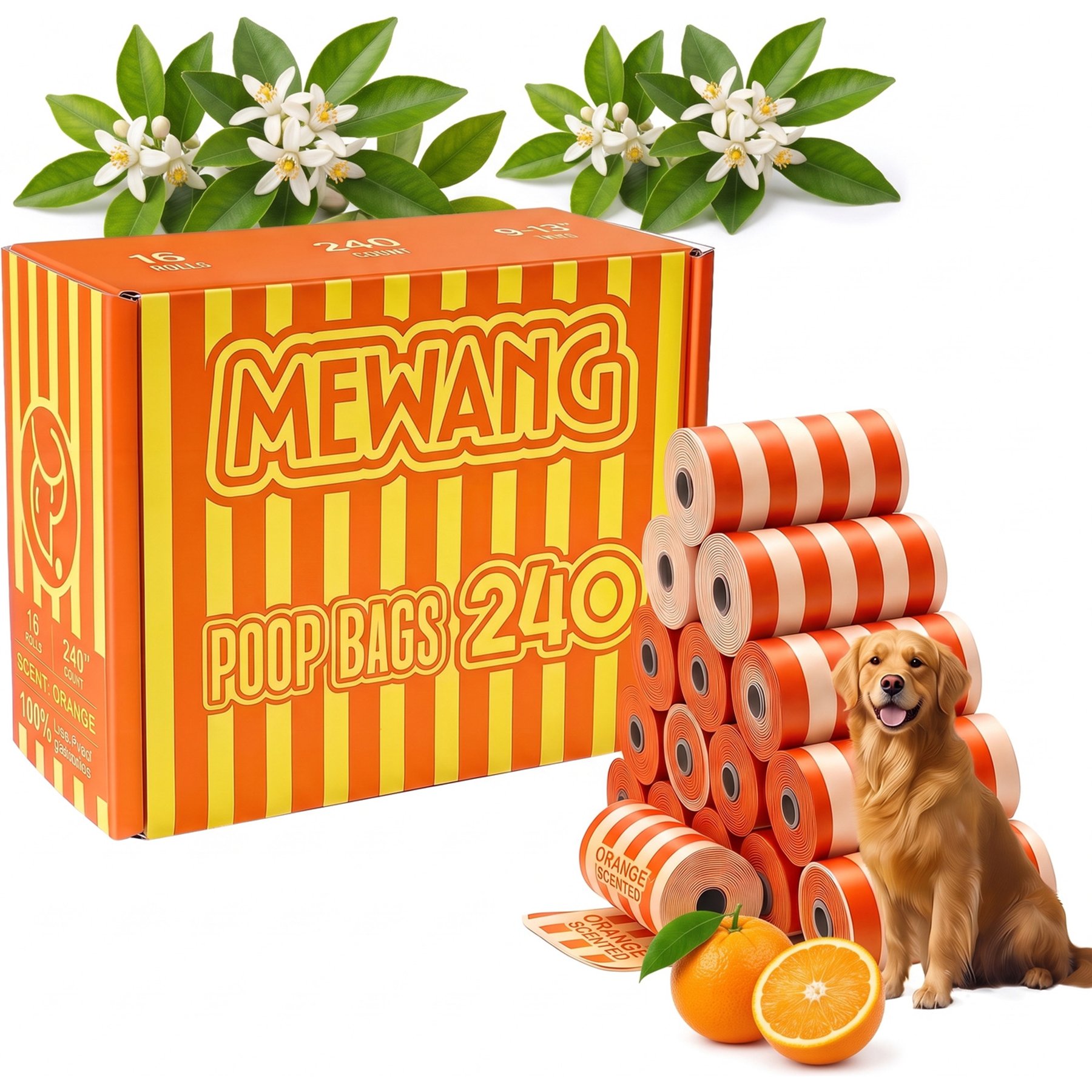 MeWang Orange Scented Pet Poop Bag, Orange, Medium, 240 count