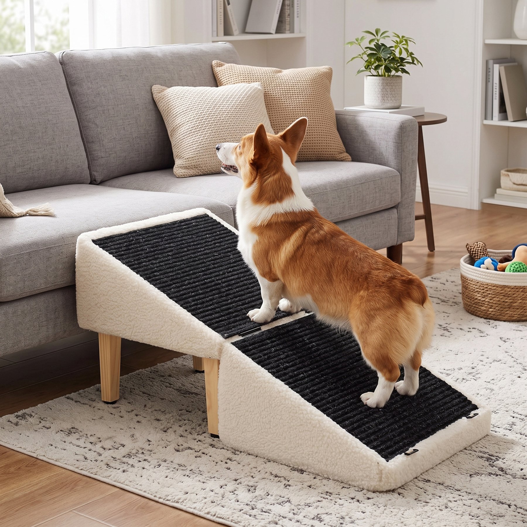 MeWang Wooden Pet Ladder, Suitable for Beds and Cars—Easy to Store, Holds Up to 220 Pounds Foldable Dog Ramps, Medium, Beige
