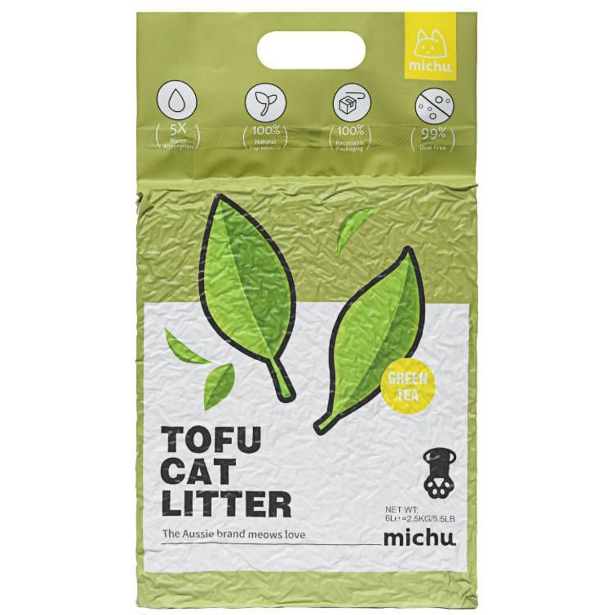 Michu Green Tea Scented Natural Clumping Flushable Tofu Cat Litter, 5.5-lb bag