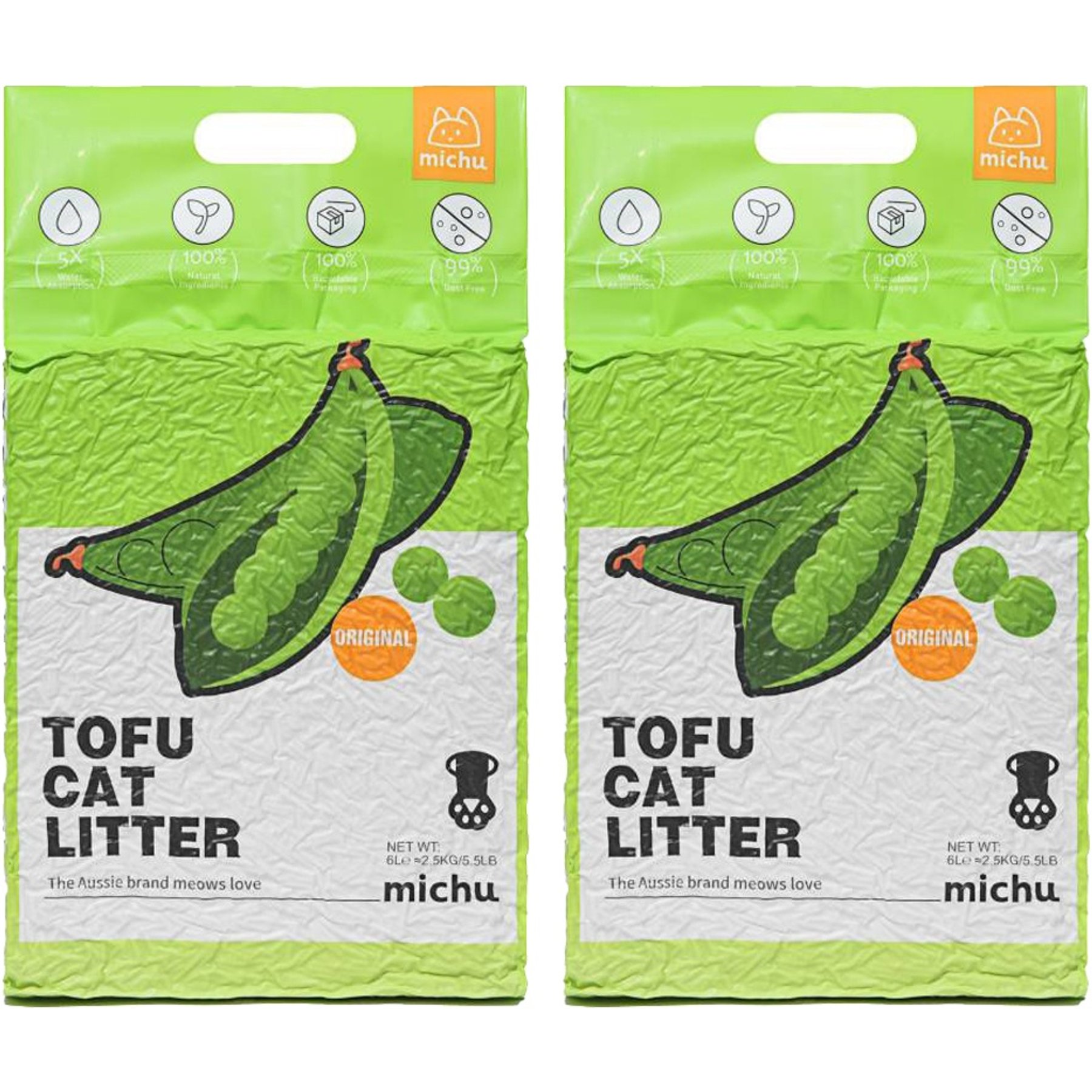 Michu Original Unscented Natural Clumping Flushable Tofu Cat Litter, 11-lb bundle