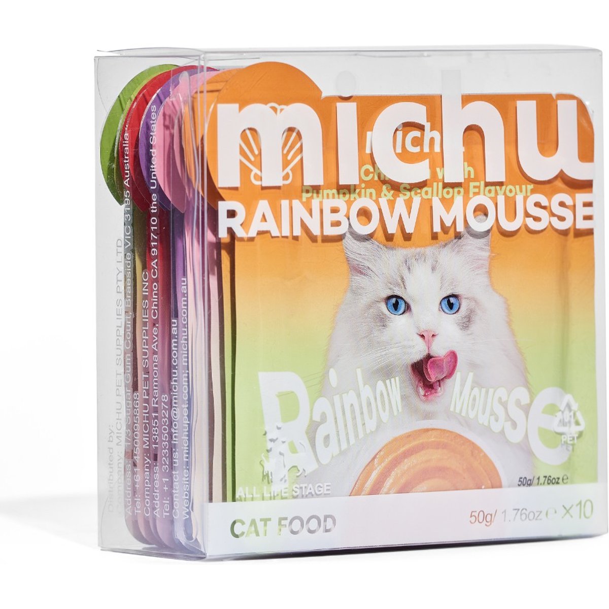 Michu Rainbow Mousse 5 Mixed Flavor Variety Pack Pate Wet Cat Food, 1.76-oz pouch, case of 10