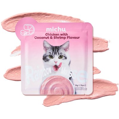 Michu Michu Rainbow Mousse Chicken with Coconut & Shrimp Flavor Pate Wet Cat Food, 1.76-oz pouch, case of 10