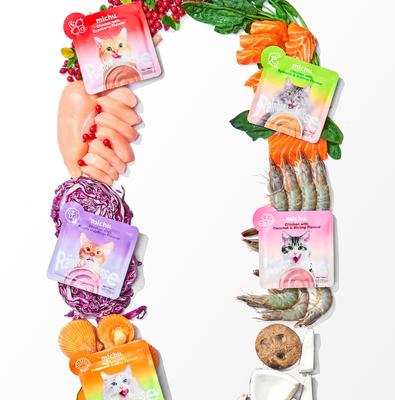 Show full view: Michu Rainbow Mousse Chicken with Coconut & Shrimp Flavor Pate Wet Cat Food, 1.76-oz pouch, case of 10 slide 7 of 9