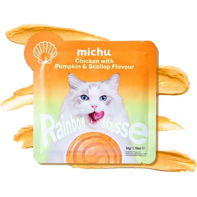 Michu Michu Rainbow Mousse Chicken with Pumpkin & Scallop Flavor Pate Wet Cat Food, 1.76-oz pouch, case of 10