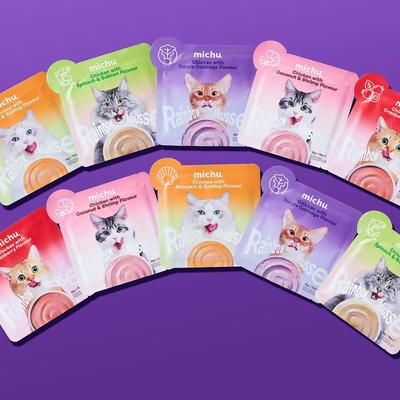 Show full view: Michu Rainbow Mousse Chicken with Pumpkin & Scallop Flavor Pate Wet Cat Food, 1.76-oz pouch, case of 10 slide 3 of 9