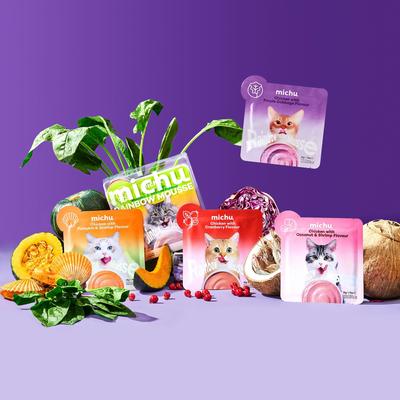 Show full view: Michu Rainbow Mousse Chicken with Purple Cabbage Flavor Pate Wet Cat Food, 1.76-oz pouch, case of 10 slide 7 of 10