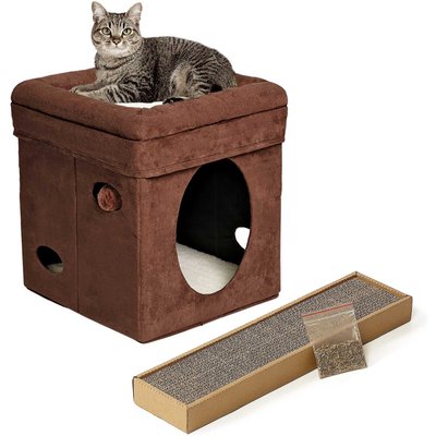 MidWest MidWest Curious Cube Condo, Brown Suede + Catty Scratch Cat Scratcher with Catnip, Small