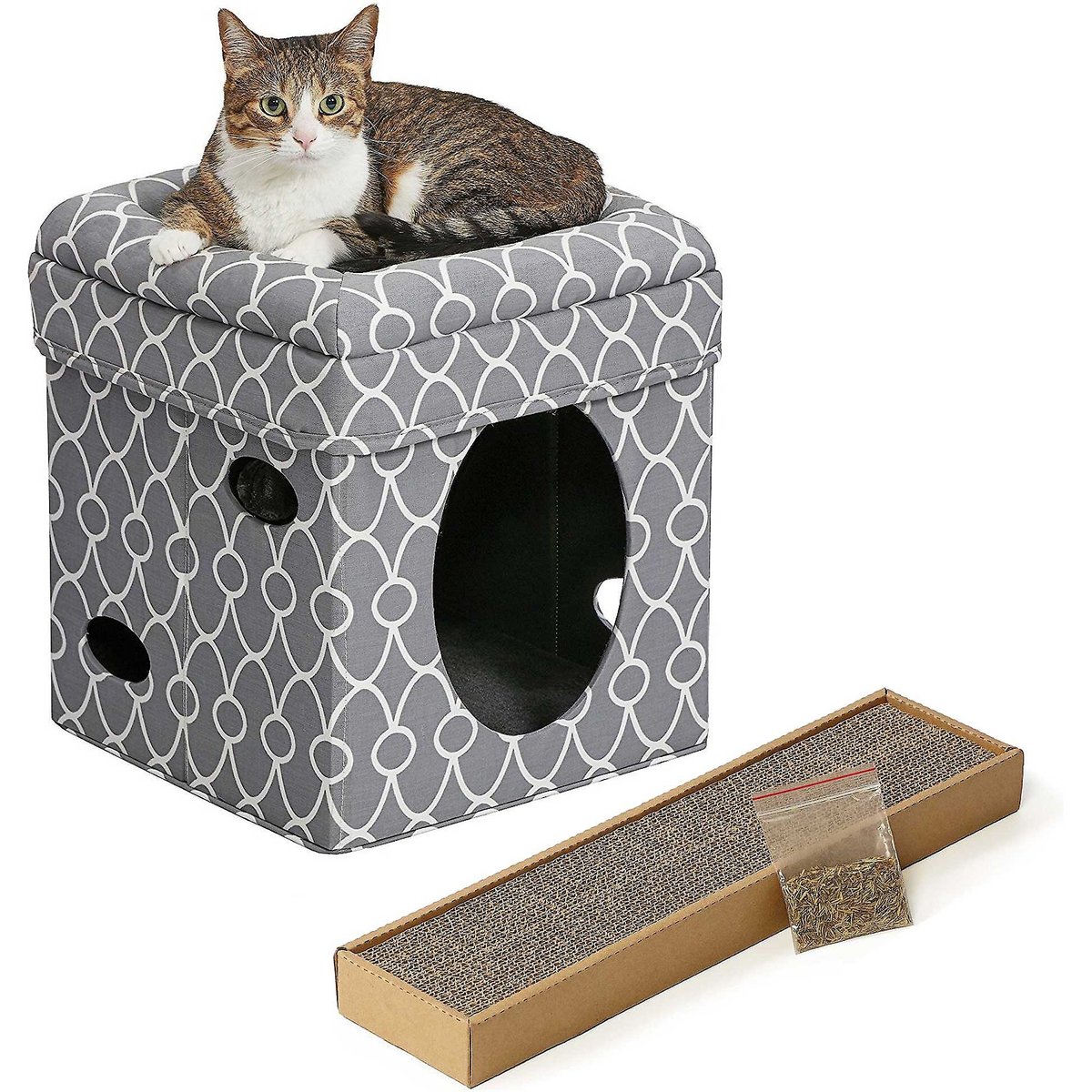 MidWest Curious Cube Condo, Geometric Gray + Catty Scratch Cat Scratcher with Catnip, Small