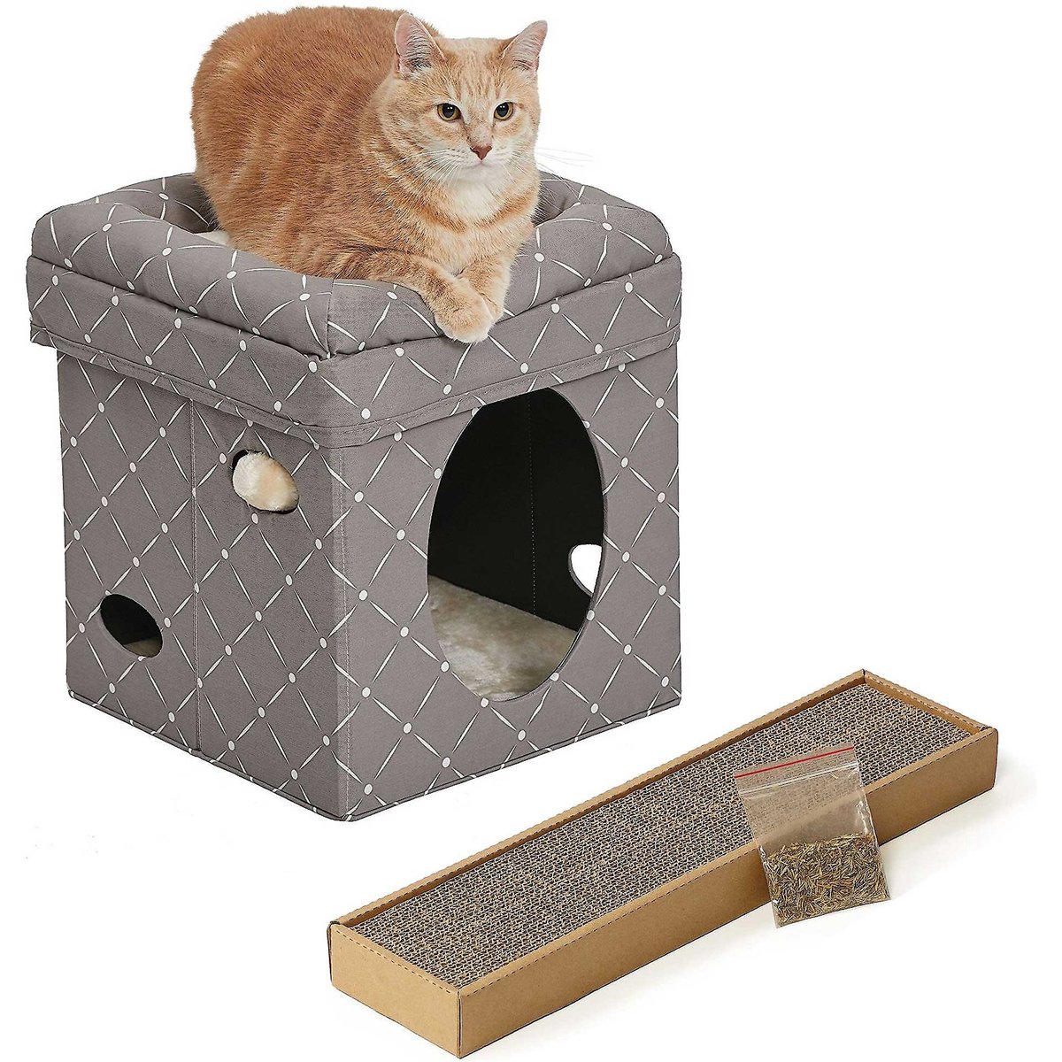 MidWest Curious Cube Condo, Geometric Mushroom + Catty Scratch Cat Scratcher with Catnip, Small