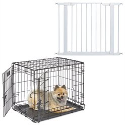 MidWest iCrate Fold & Carry Double Door Collapsible Dog Crate, 24 inch + Steel Pet Gate, White, 29-in