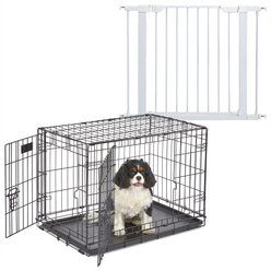 MidWest iCrate Fold & Carry Double Door Collapsible Dog Crate, 30 inch + Steel Pet Gate, White, 29-in