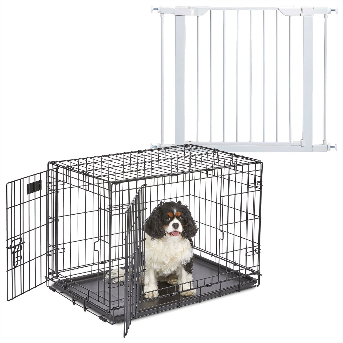 MidWest iCrate Fold & Carry Double Door Collapsible Dog Crate, 30 inch + Steel Pet Gate, White, 29-in
