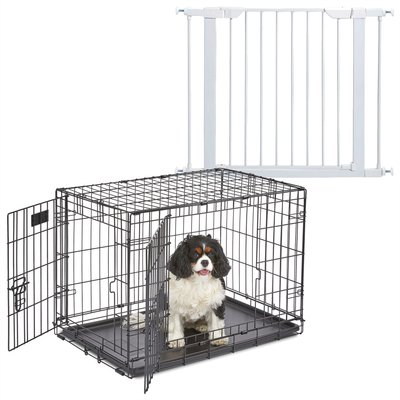 MidWest iCrate Fold & Carry Double Door Collapsible Dog Crate, 30 inch + Steel Pet Gate, White, 29-in
