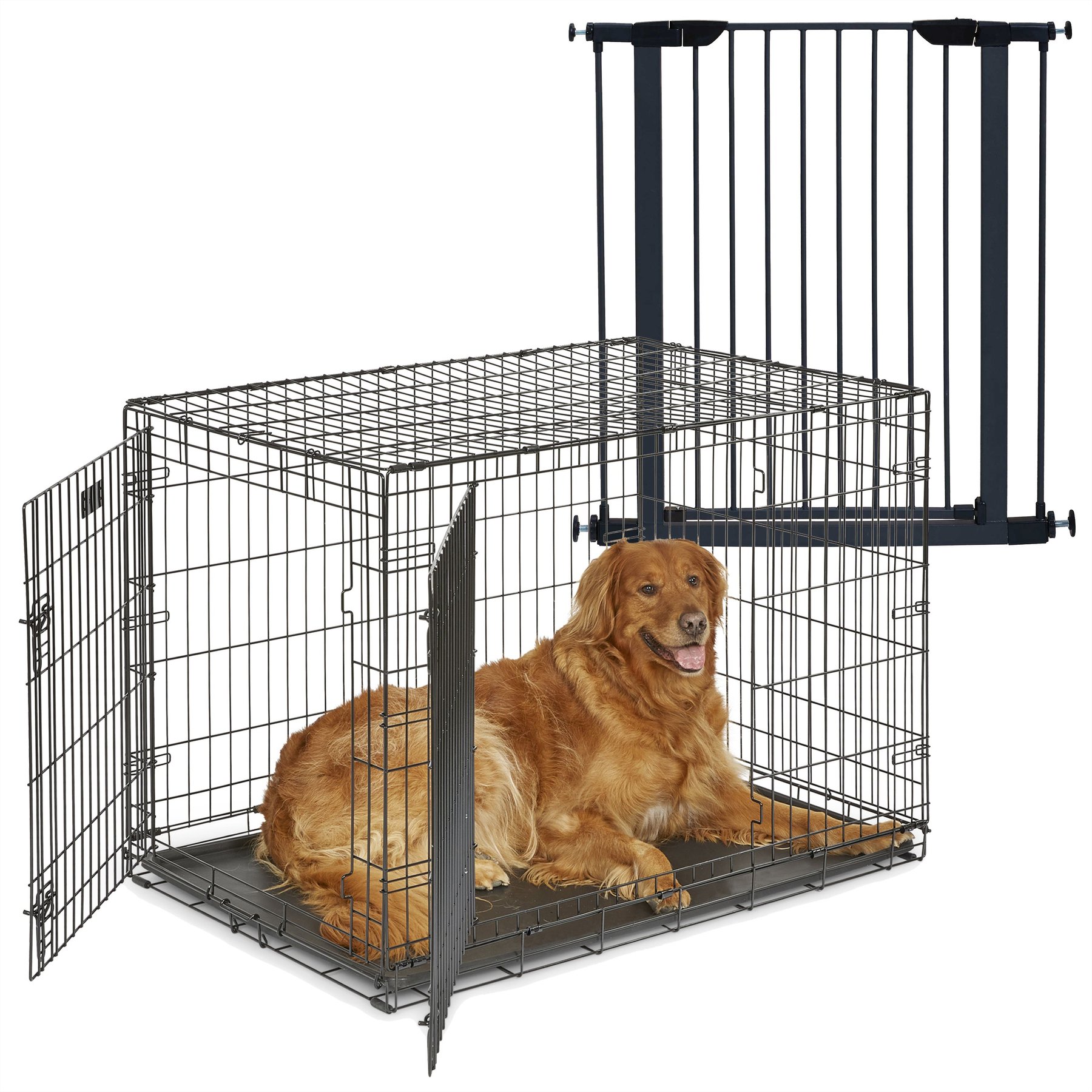 MidWest iCrate Fold & Carry Double Door Collapsible Dog Crate, 42 inch + Steel Pet Gate, Graphite, 39-in