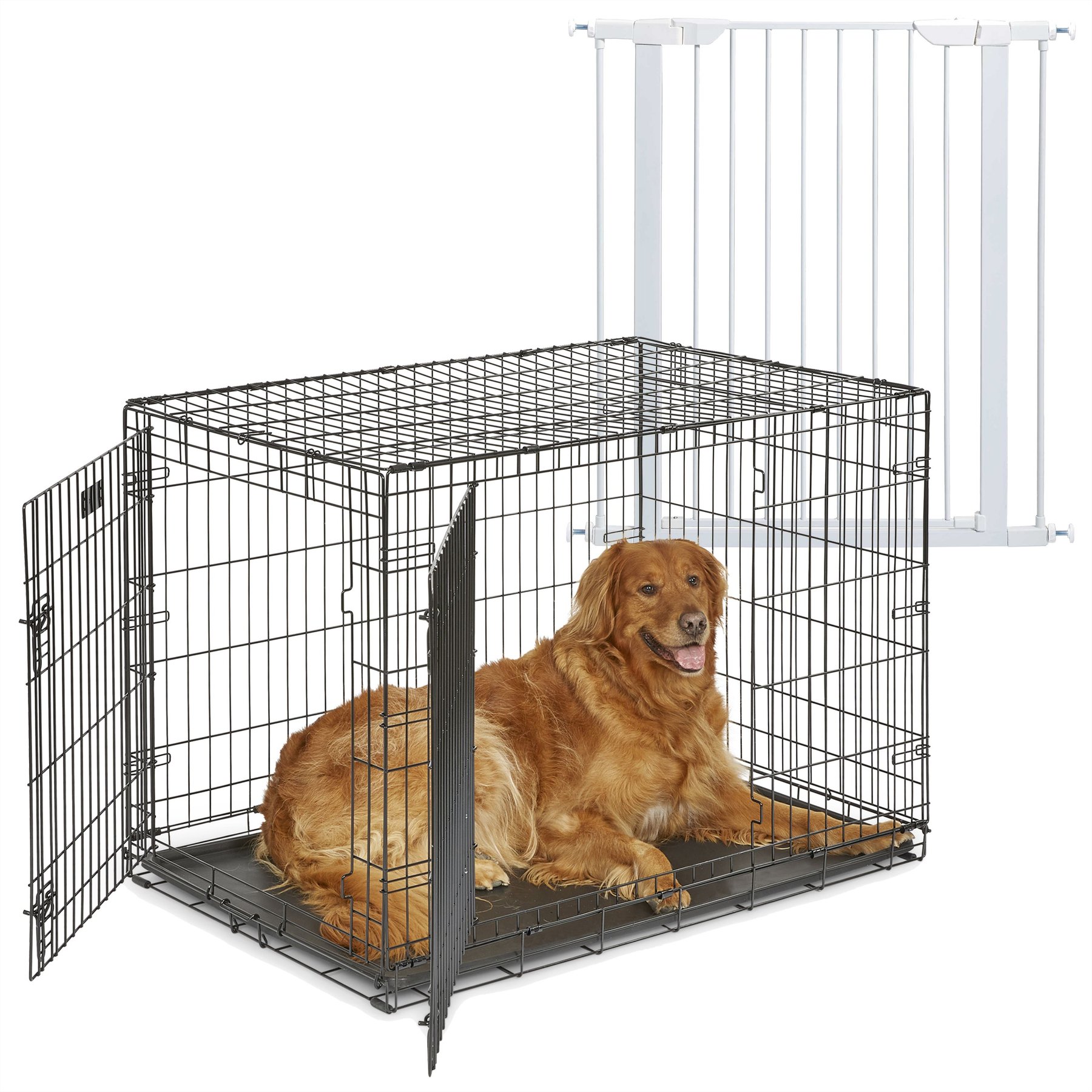 MidWest iCrate Fold & Carry Double Door Collapsible Dog Crate, 42 inch + Steel Pet Gate, White, 39-in