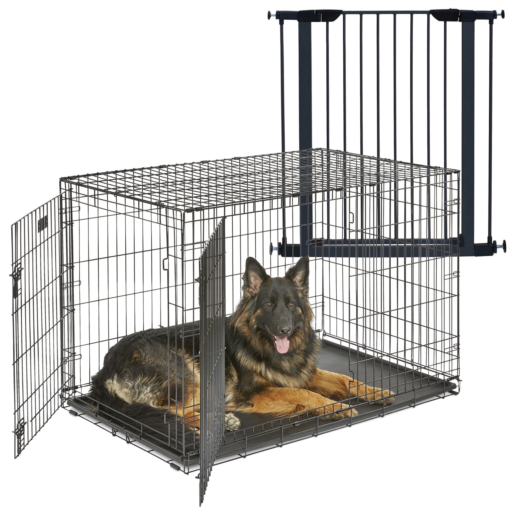 MidWest iCrate Fold & Carry Double Door Collapsible Dog Crate, 48 inch + Steel Pet Gate, Graphite, 39-in