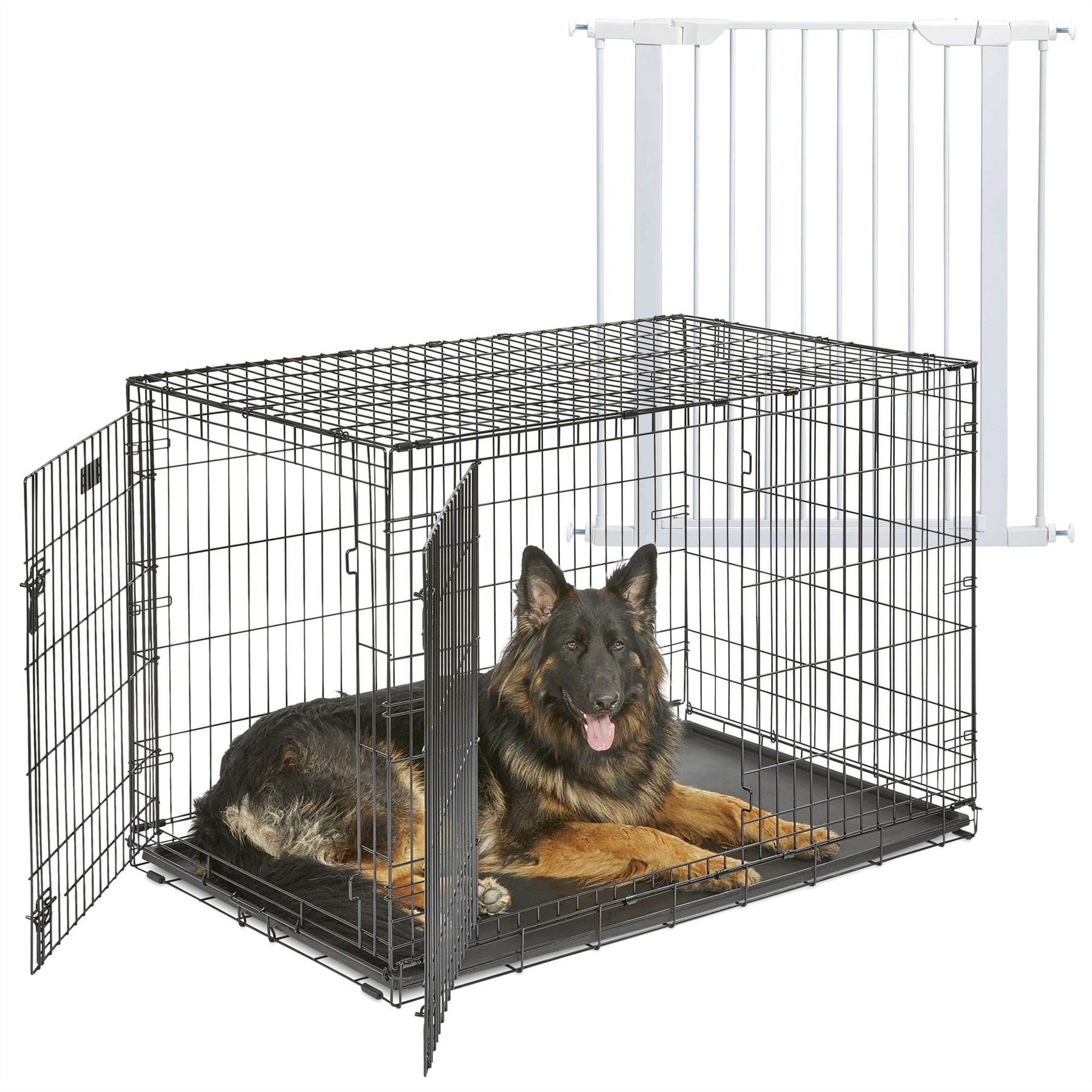 MidWest iCrate Fold & Carry Double Door Collapsible Dog Crate, 48 inch + Steel Pet Gate, White, 39-in