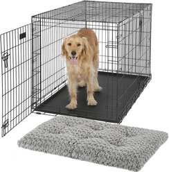 MidWest iCrate Fold & Carry Double Door Collapsible Wire Crate, 48 inch + Quiet Time Ombre Swirl Dog Crate Mat, Grey, 48-in