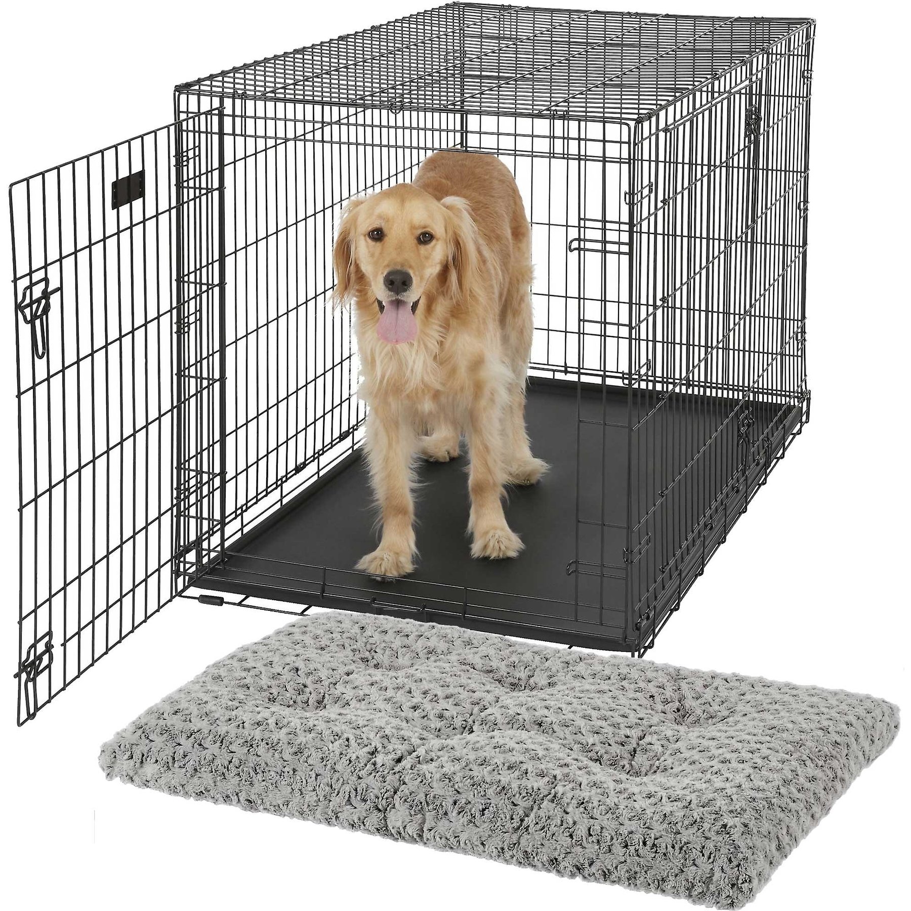 MidWest iCrate Fold & Carry Double Door Collapsible Wire Crate, 48 inch + Quiet Time Ombre Swirl Dog Crate Mat, Grey, 48-in