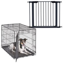 MidWest iCrate Fold & Carry Single Door Collapsible Dog Crate, 30 inch + Steel Pet Gate, Graphite, 29-in