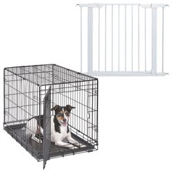 MidWest iCrate Fold & Carry Single Door Collapsible Dog Crate, 30 inch + Steel Pet Gate, White, 29-in