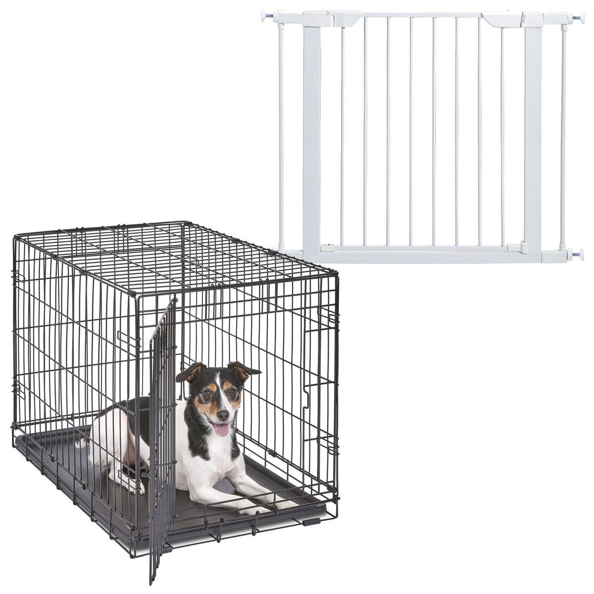 MidWest iCrate Fold & Carry Single Door Collapsible Dog Crate, 30 inch + Steel Pet Gate, White, 29-in