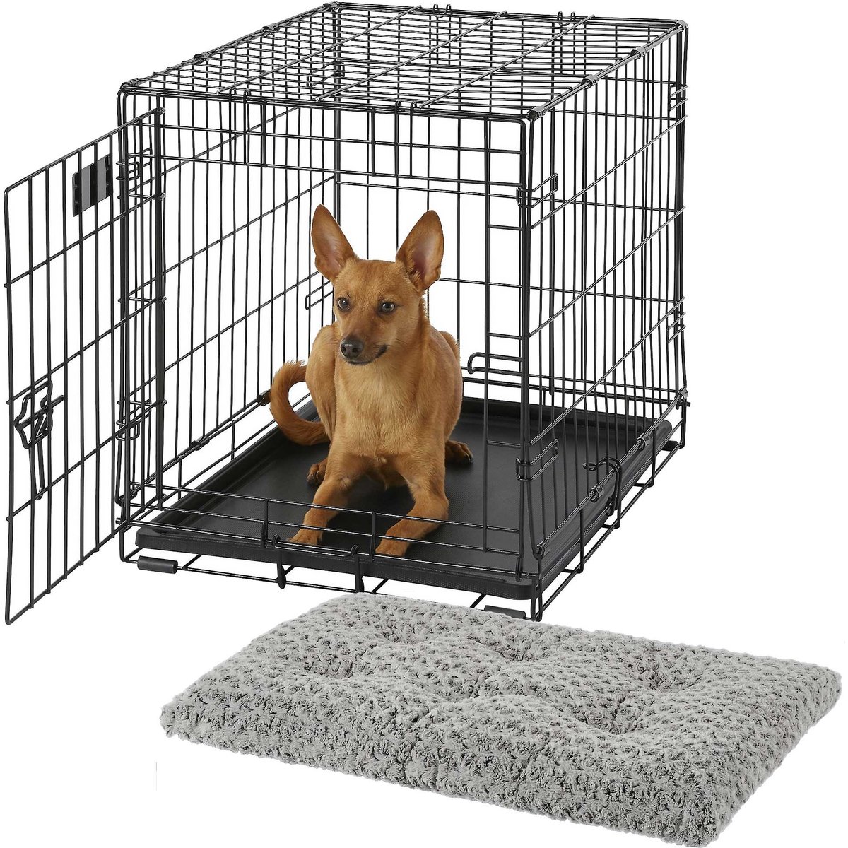 MidWest iCrate Fold & Carry Single Door Collapsible Wire Crate, 24 inch + Quiet Time Ombre Swirl Dog Crate Mat, Grey, 24-in