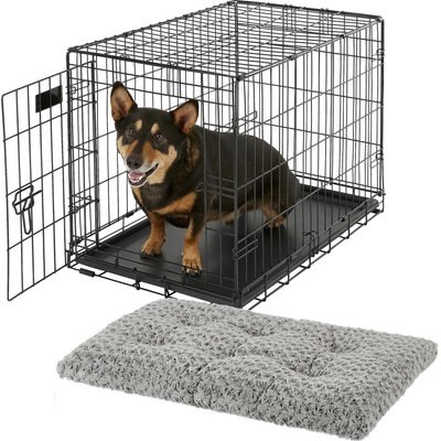 MidWest MidWest iCrate Fold & Carry Single Door Collapsible Wire Crate, 30 inch + Quiet Time Ombre Swirl Dog Crate Mat, Grey, 30-in