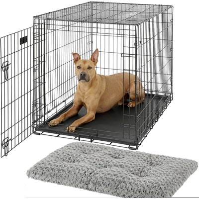 MidWest MidWest iCrate Fold & Carry Single Door Collapsible Wire Crate, 42 inch + Quiet Time Ombre Swirl Dog Crate Mat, Grey, 42-in