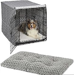 MidWest Quiet Time Ombre Swirl Crate Mat, Grey, 42-in + Quiet Time Crate Cover, Gray Geometric, 42-in