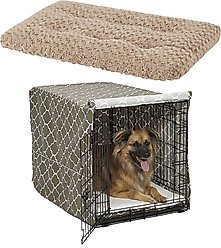 MidWest Quiet Time Ombre Swirl Crate Mat, Taupe, 36-in + Quiet Time Crate Cover, Brown Geometric, 36-in