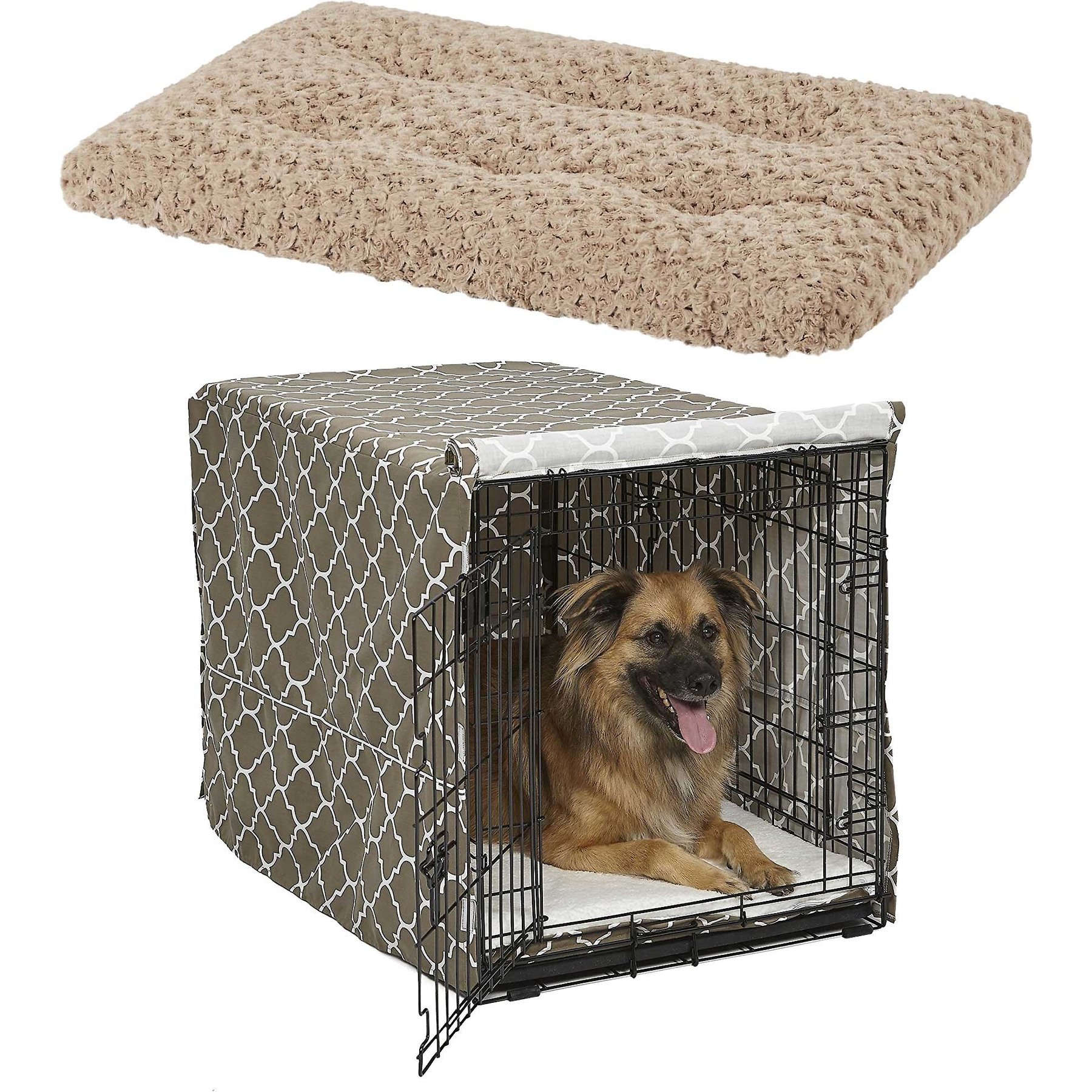 MidWest Quiet Time Ombre Swirl Crate Mat, Taupe, 36-in + Quiet Time Crate Cover, Brown Geometric, 36-in
