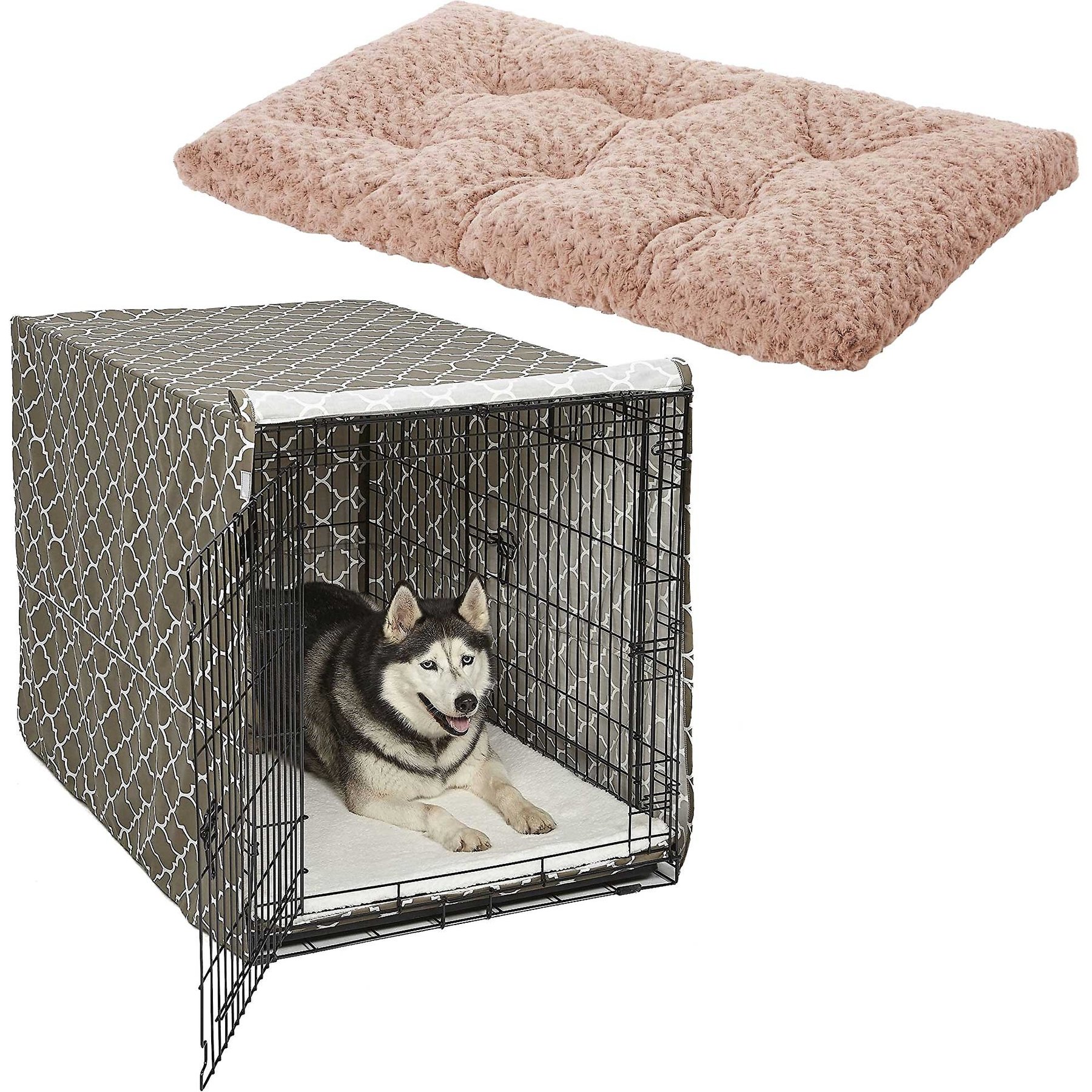 MidWest Quiet Time Ombre Swirl Crate Mat, Taupe, 48-in + Quiet Time Crate Cover, Brown Geometric, 48-in