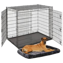 MidWest Solutions Series XX-Large Heavy Duty Double Door Wire Crate, 54 inch + Quiet Time Fleece Dog Crate Mat, Gray, 54-in