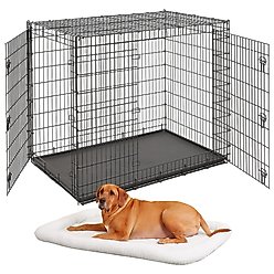 MidWest Solutions Series XX-Large Heavy Duty Double Door Wire Crate, 54 inch + Quiet Time Fleece Dog Crate Mat, Natural, 54-in
