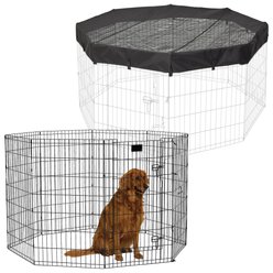 MidWest Wire Dog Exercise Pen with Step-Thru Door, Black E-Coat, 42-in + Exercise Pen Top Sunscreen Accessory, Octagonal Configuration, Black