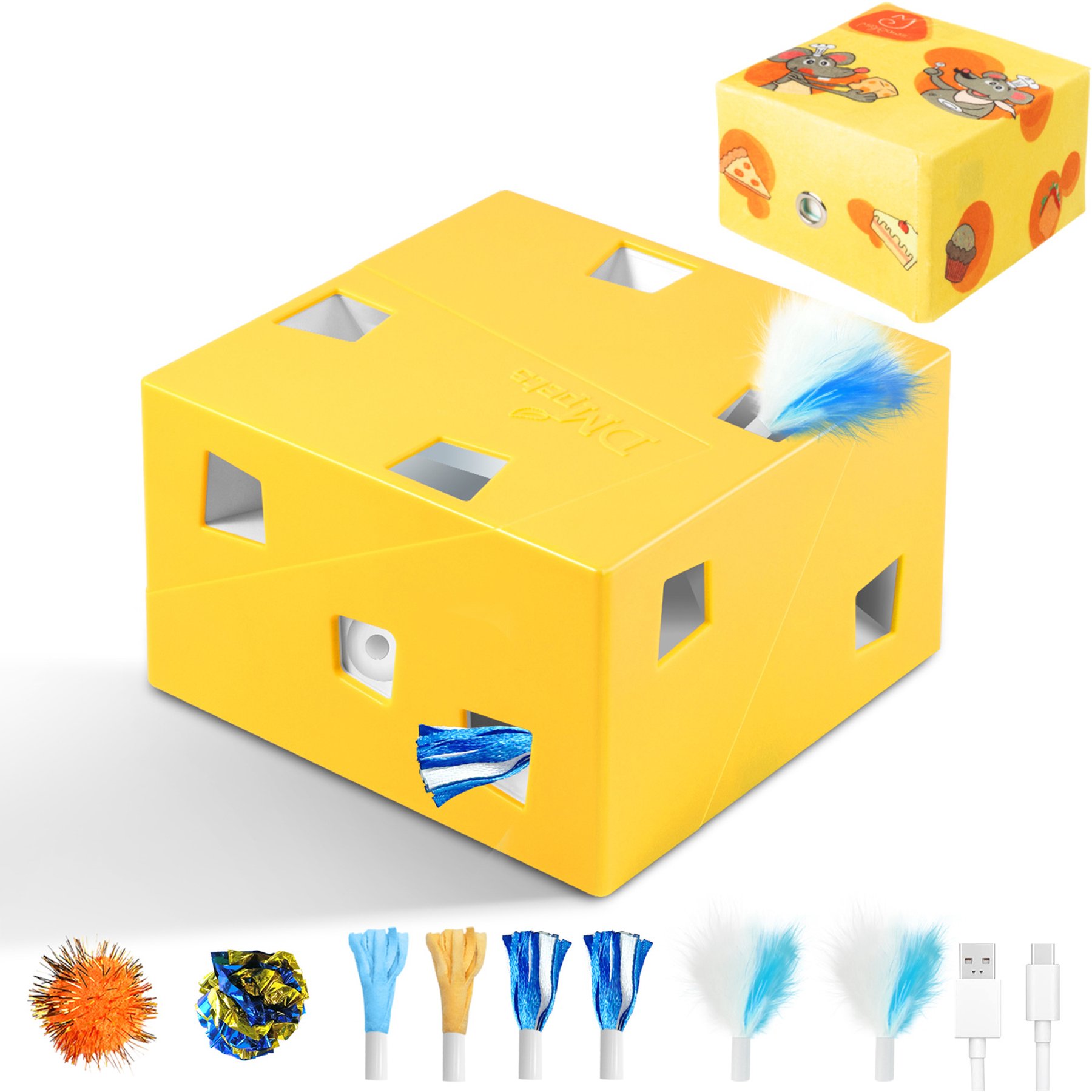 Migipaws 3-in-1 Rechargeable Migibox Plus Hide & Seek Automatic Motion Interactive Electronic Feather Cat Toy, Yellow