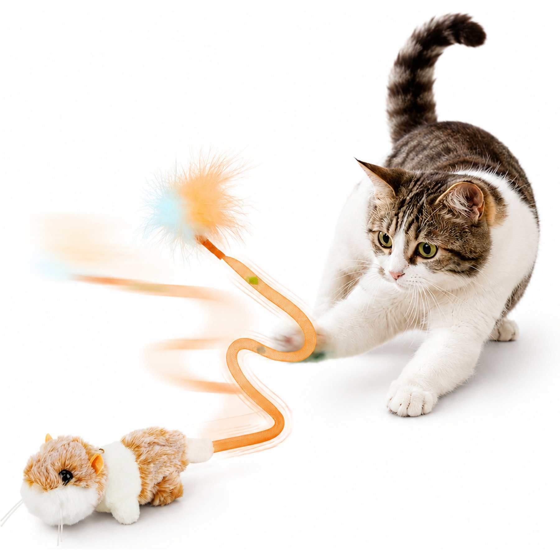 Migipaws Wand Attachment Rechargeable Touch-Activated Hamster Cat Toy with Flapping Tail Chirping Sound & Catnip, Light Brown