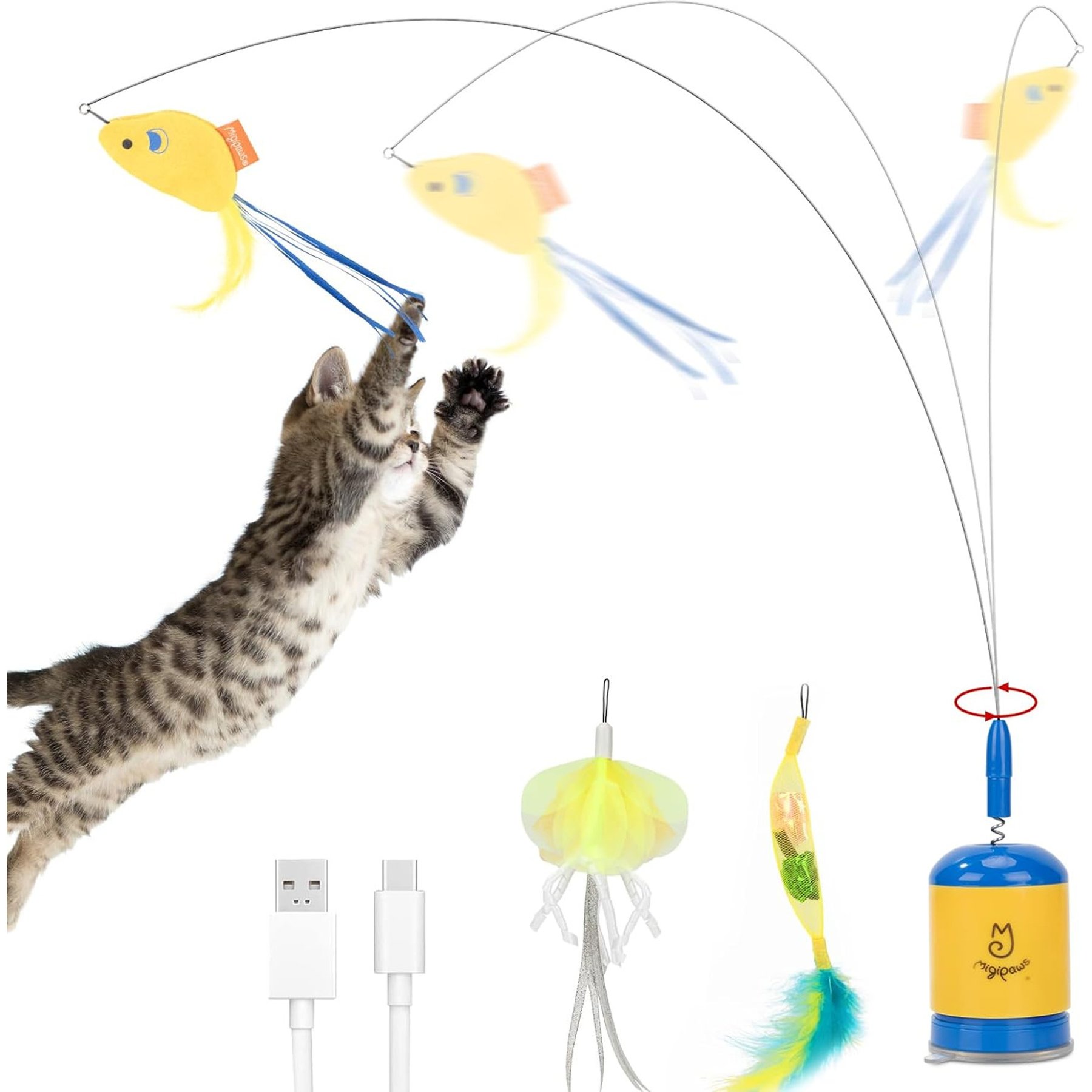 Migipaws Rechargeable Interactive Electronic Automatic Strong Suction Cup Teaser Wand Feather Cat Toy, Yellow