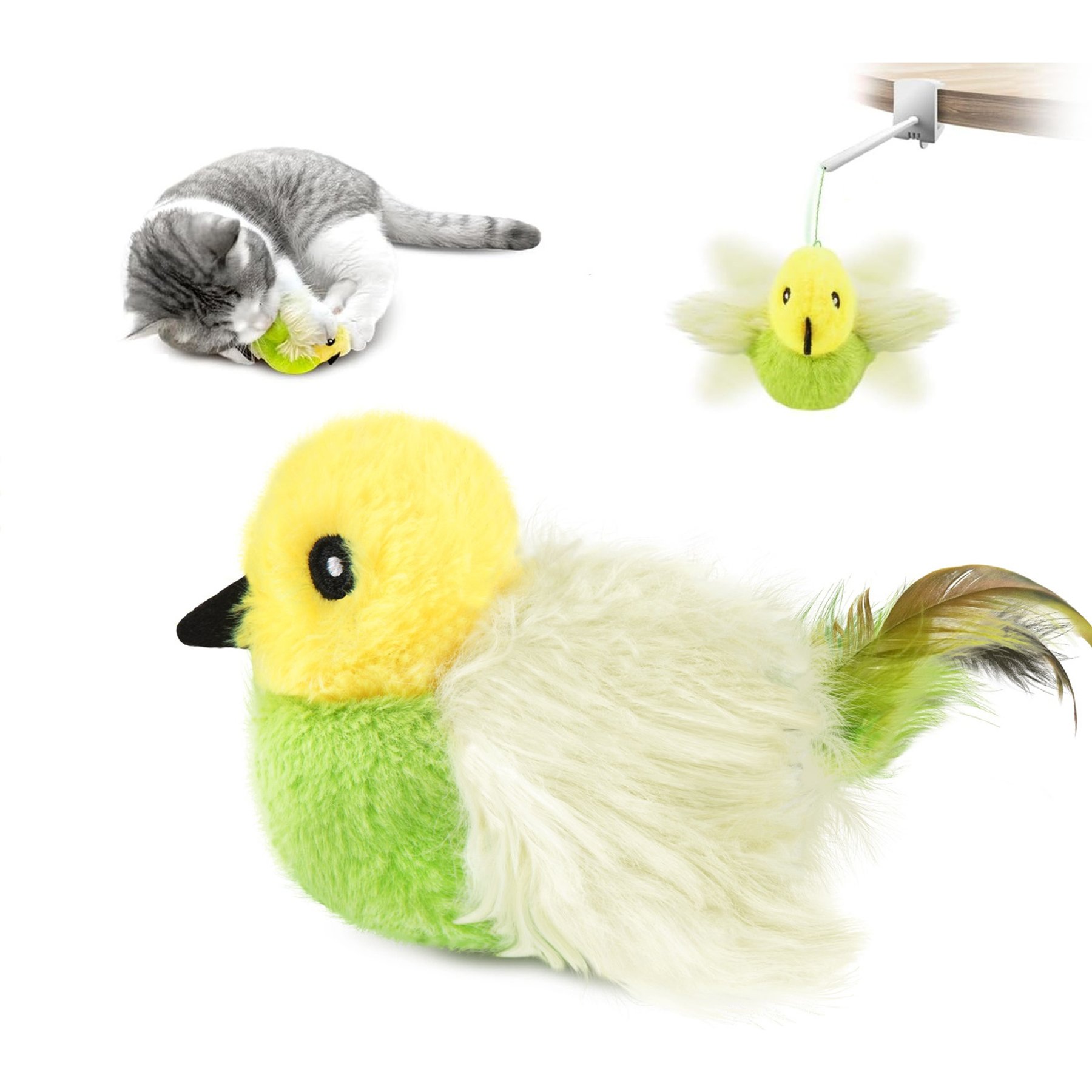 Migipaws Interactive Flapping Bird with Chirping Sound, Automatic Motion-Activated, Sturdy Clip, & Foldable Hanging Rod Treat-Dispensers Cat Toy, Green
