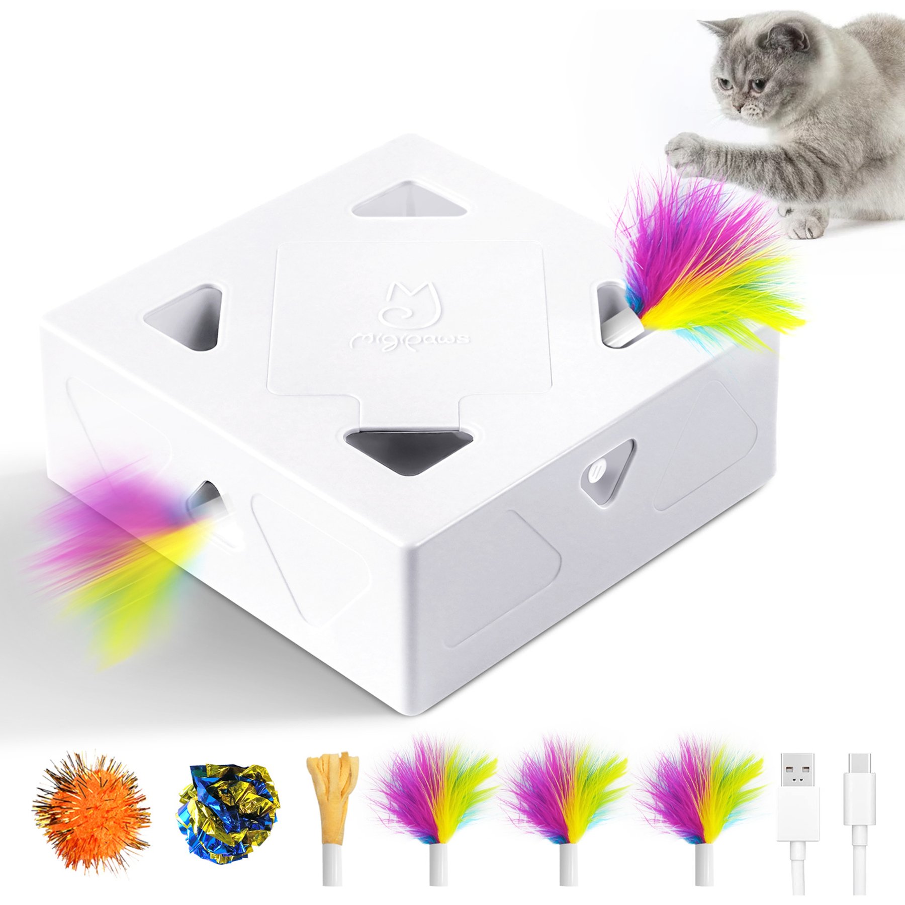 Migipaws 3-in-1 Rechargeable Automatic Motion Interactive Migibox PopSkin Hide & Seek Plush Feather Cat Toy, White