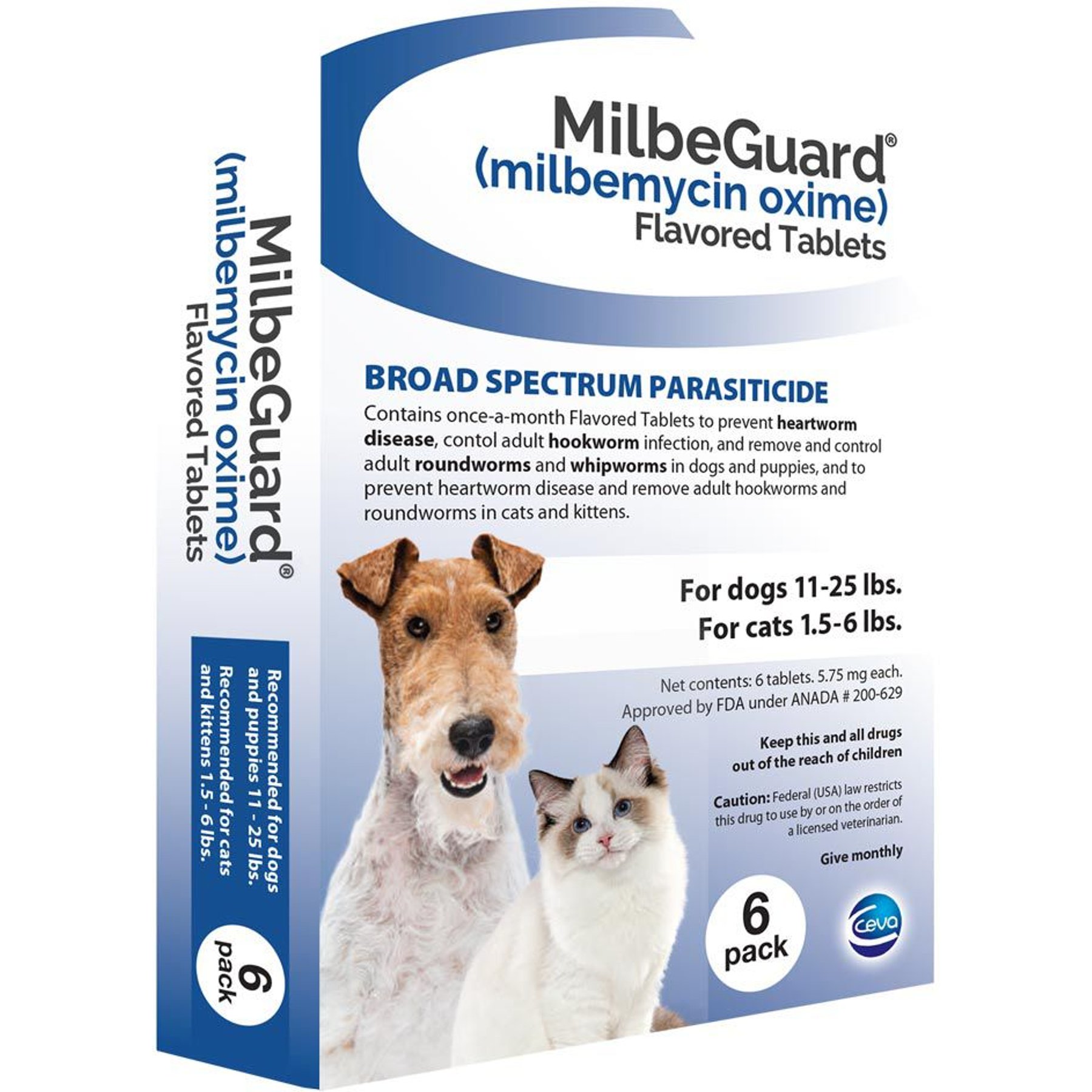 Milbeguard Flavored Tablets for Dogs, 11 -25 lbs, & for Cats, 1.5 - 6 lbs (Blue Box), 5.75 mg, 6 tablets (6-mos. supply)