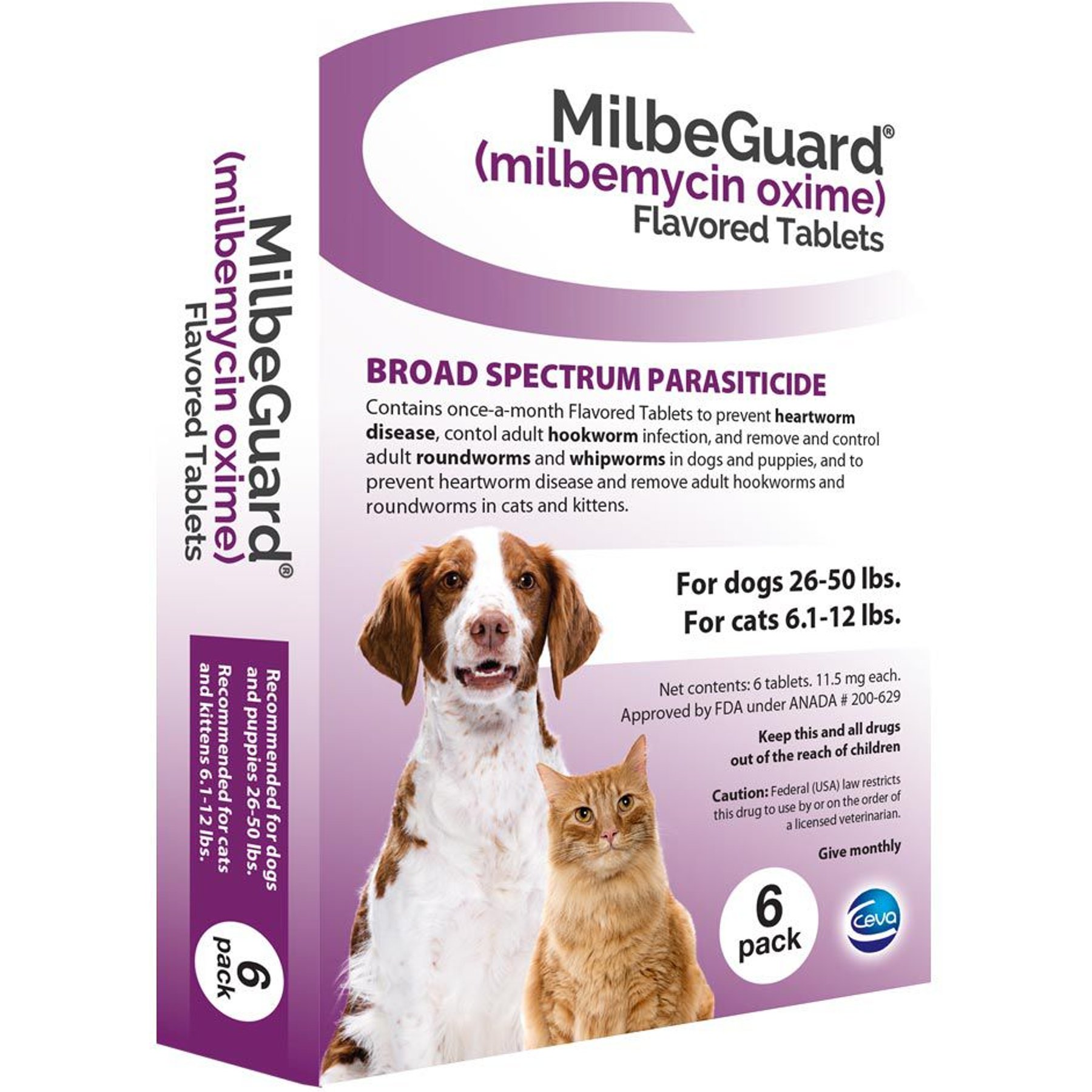 Milbeguard Flavored Tablets for Dogs, 26 - 50 lbs, and for Cats, 6.1 - 12 lbs (Purple Box), 11.5 mg, 6 tablets (6-mos. supply)