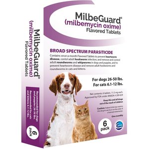 Milbeguard Flavored Tablets for Dogs, 26 - 50 lbs, and for Cats, 6.1 - 12 lbs (Purple Box), 11.5 mg, 6 tablets (6-mos. supply)